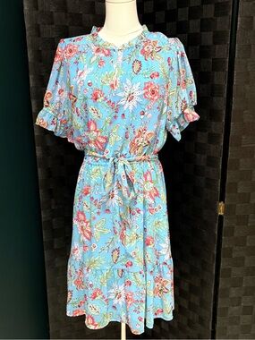 LOFT Pale Blue Floral Garden Tie Waist Flounce Fress